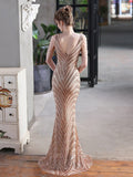 Crystal Beads Sleeve Formal Women Dress V Neck Sequins Mermaid Party Gowns Floor Length Elegant Robe De Soriee