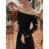 Korean Fahsion Evening Party Dress Women Off Shoulder Bow Vintage Midi Dress Lady Elegant Long Sleeve Black Dress 2021 Winter