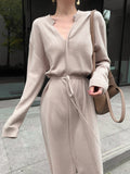 2021 Vintage Women Knitted Dress Autumn Winter Brief V-neck Warm Drawstring Lace-up Loose Midi Female Sweater Dress