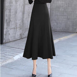 Women Solid High Waist A Line Casual Side Pocket Korea Style Vintage Long Skirts