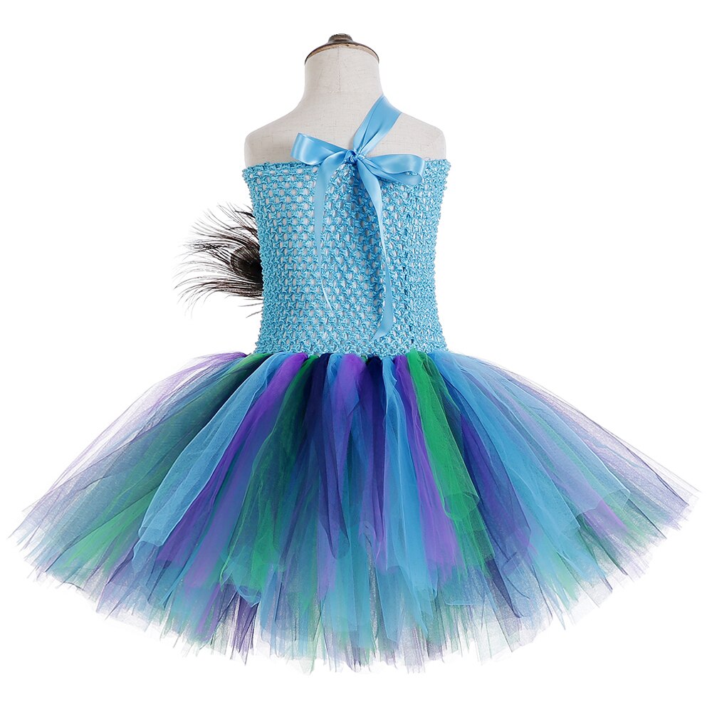 Flower Peacock Tutu Dress for Girls Pageant Halloween Costumes Kids Girl Princess Fancy Party Dresses with Feather Headband