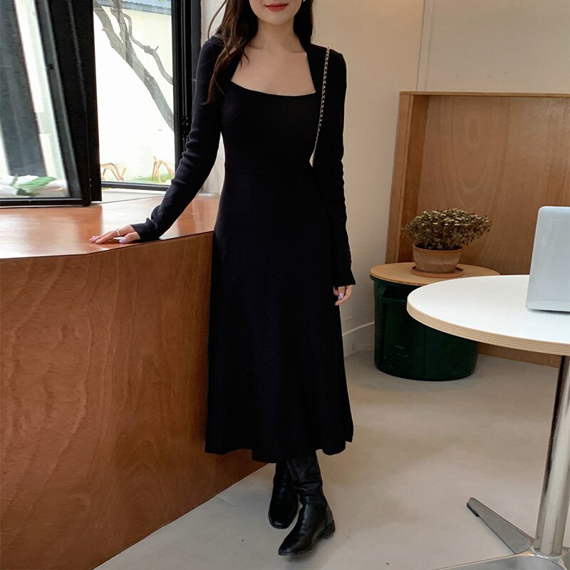 Autumn Winter Dresses For Women Elegant Vintage Queen Anne Neck Long Sleeve Knitted Dress Solid Casual Midi Dress