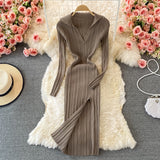 Winter Lapel Collared V Neck Ribbed Knitted Midi Dress Elegant Long Sleeve Side Slit Sexy Bodycon Dress