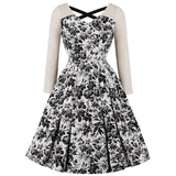 Black Floral Women Party Dress Long Sleeve Cotton Short Pleated Robe Office OL Chic 50s 60s Pin Up Swing A Line Tunic Dresses