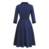 Navy Blue Notched Collar Button High Waist Vintage Robe Women Swing Dress