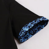 Women Short Sleeve Black Blue Leopard Print Patchwork Robe Pin Up Swing Retro Vintage Dress