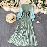 Woman Dress Elegant Office Lady Pleated Dress With Belt Round Neck Long Sleeve Long Dresses For Women Spring Autumn Clothing