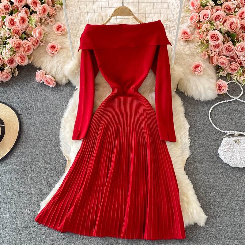 Elegant Vintage Evening Party Pleated Midi Dress Autumn Winter Long Sleeve Knitted Sweater Dress