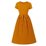 Ginger High Waist Belted Pleated Elegant Party Long Dress Women Autumn Casual Fit and Flare Ladies Midi Dresses