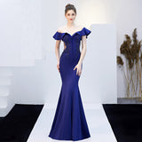 See-through Appliques Beaded Long Evening Off the Shoulder Elegant Party Dress Backless Mermaid Robe De Soriee
