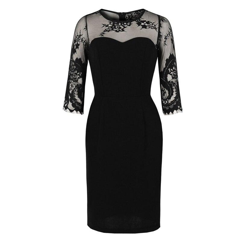Black Workwear Contrast Lace Office Lady Bodycon Pencil Autumn 3/4 Length Sleeve Slim Fitted Sheath Dress