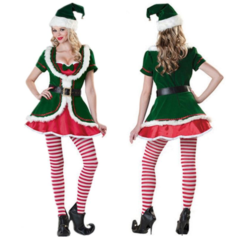 Lady Velvet Christmas Dress Sexy Christmas Tree Clothing Santa Claus Costume Green Elf Xmas Party Dress