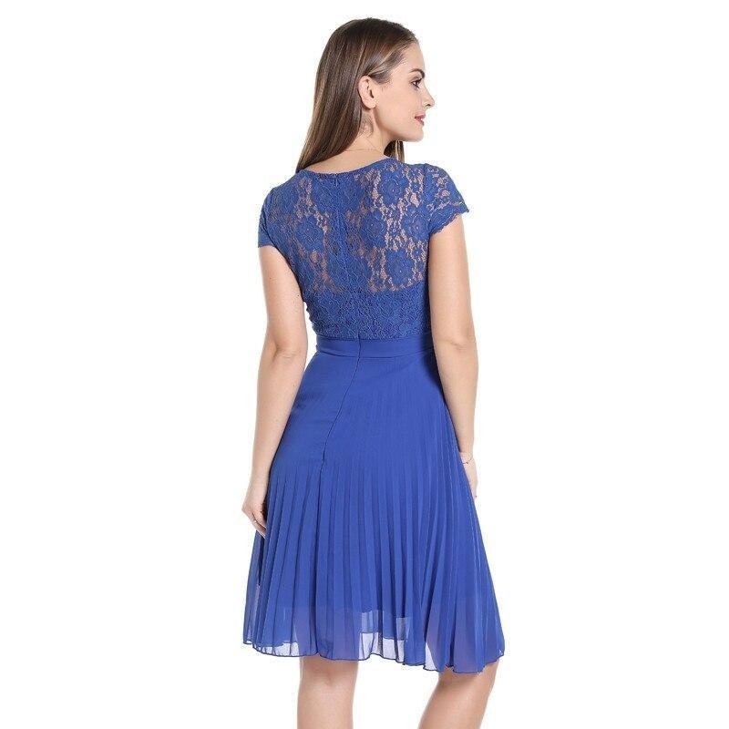 Blue Elegant Workwear Lace Pleated Chiffon Casual High Waist Summer Office Lady Swing Dress
