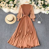 Woman Dress Elegant Office Lady Pleated Dress With Belt Round Neck Long Sleeve Long Dresses For Women Spring Autumn Clothing