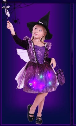 Girl Child LED Glow Light Witch Costume Cosplay Glowing Dress Carnival Birthday Party Gift Wizard Hat Halloween Costume for Kids