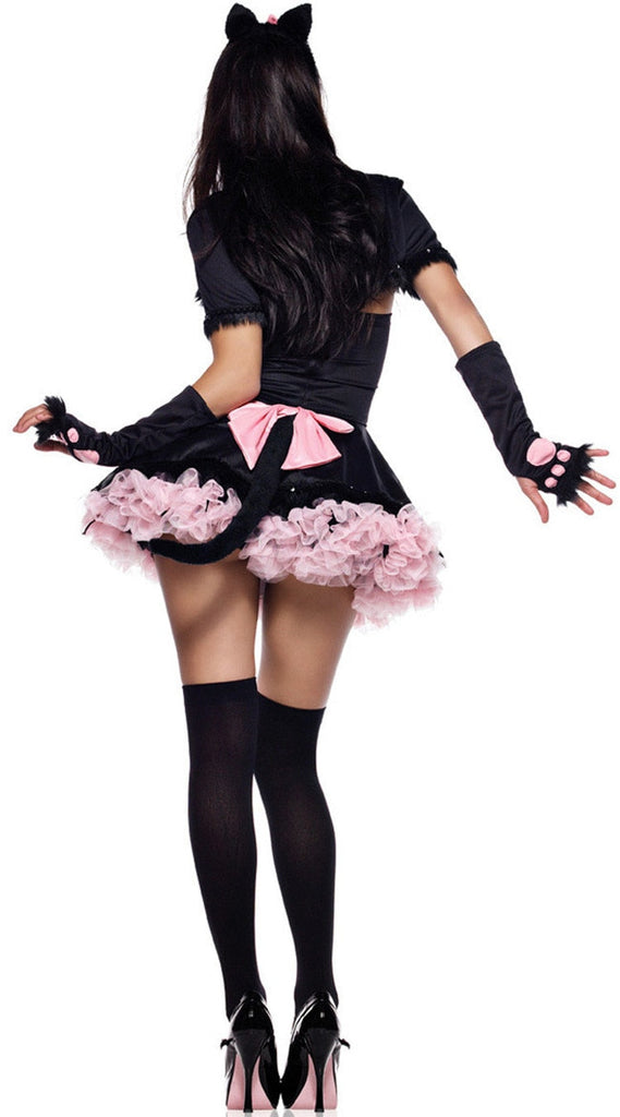 Women Halloween Party cosplay Black Pink Cat Ear Headband +Cloak+Gloves+Neck Wear Performance Stage Dance Wear Costume Cat Set
