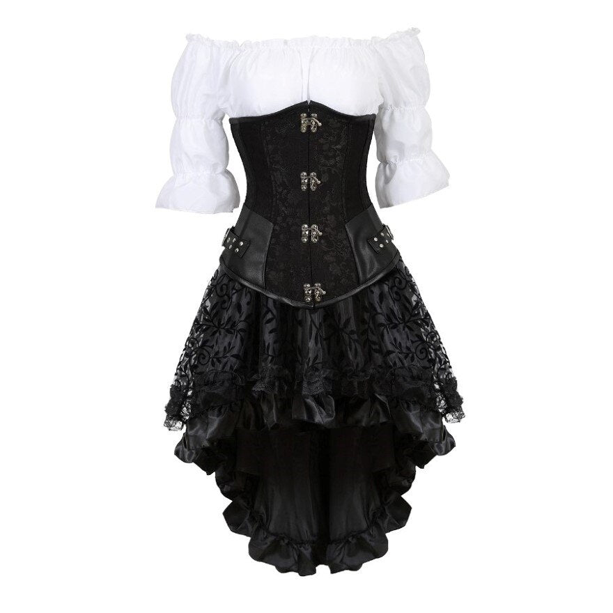 Gothic Corset Skirt Set Underbust Corset Asymmetrical Floral Lace Skirt with Renaissance Blouse Three-Pieces Outfits Plus Size