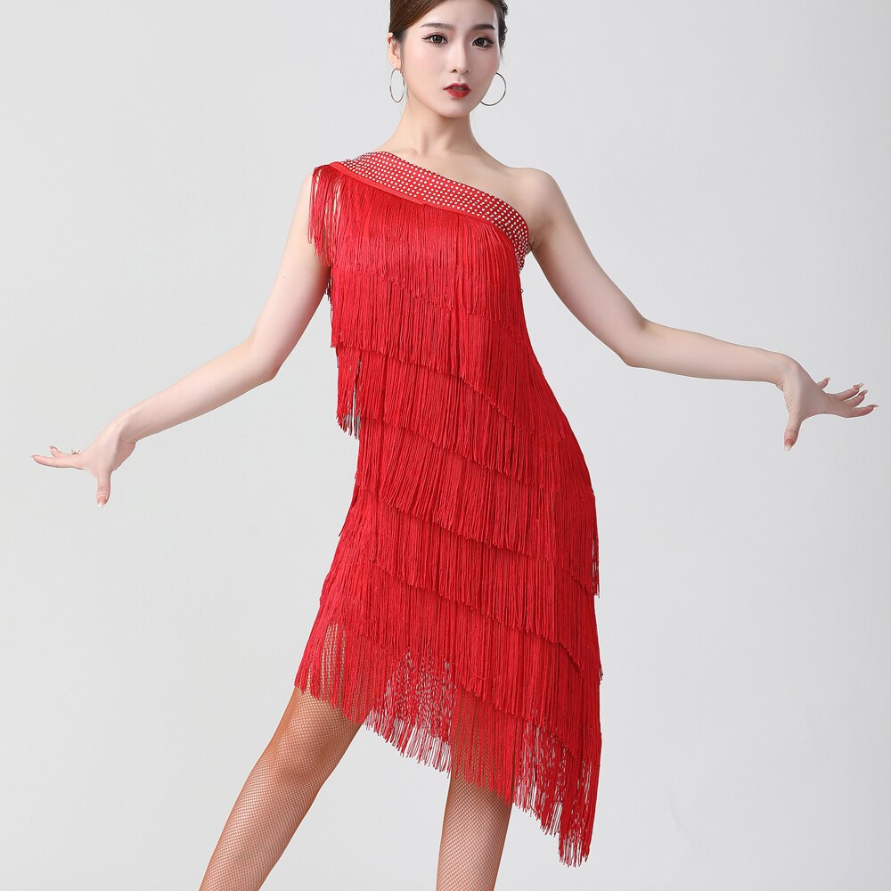 1920s Flapper Charleston Party Costumes Sexy One Shoulder Tiered Fringe Dress Latin Salsa Rumba Dance Dress