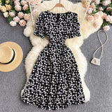 Leaf Floral Print Women Summer Short Puff Sleeve Casual Midi Dress Knee Length Square Neck Elegant Vintage Dress