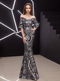 Lotus leaf sleeve Off-Shoulder Cocktail Dress Gold Sequins Embroider Elegant Mermaid Silver Party Prom Celebrity Gowns Vestioes