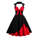 Knot Front Sexy V-Neck Halter Party Vintage 50s Pinup Black and Red Two Tone Backless Cotton Dress