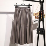 Vintage Elastic High Waist Ladies PU Leather Autumn Winter Big Swing Saia Midi A-line Pleated Skirts