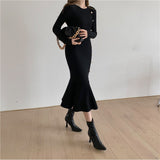 Autumn Winter Crew Neck Long Sleeve Ribbed Knitted Dress Elegant Ruffle Hem Bodycon Midi Dress