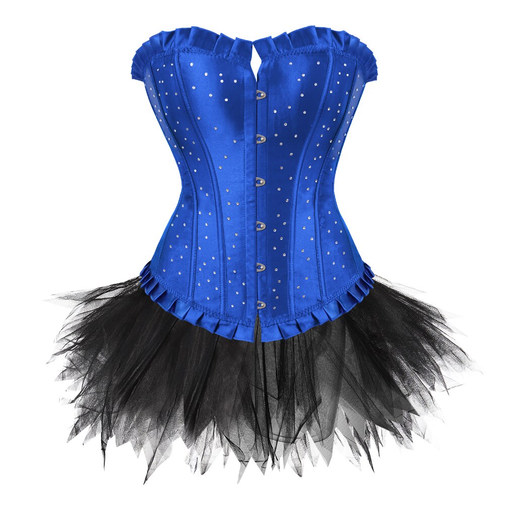 Sexy Rhinestones Brocade Frill Corset Skirt Set Women Fashion Party Corset Bustier Lingerie Top With Mesh Tulle Mini Tutu Skirt