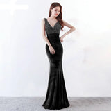 New V-neck Beading Long Evening Dress Sexy Backless Velour Evening Party Dress