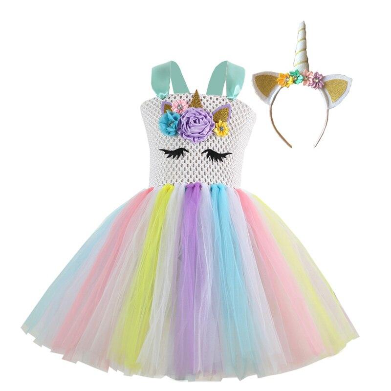 Unicorn Costume Dress Girl 2021 Rainbow Birthday Party Gift Princess Tutu Dress Christmas Halloween Costume for Kids Full Sets