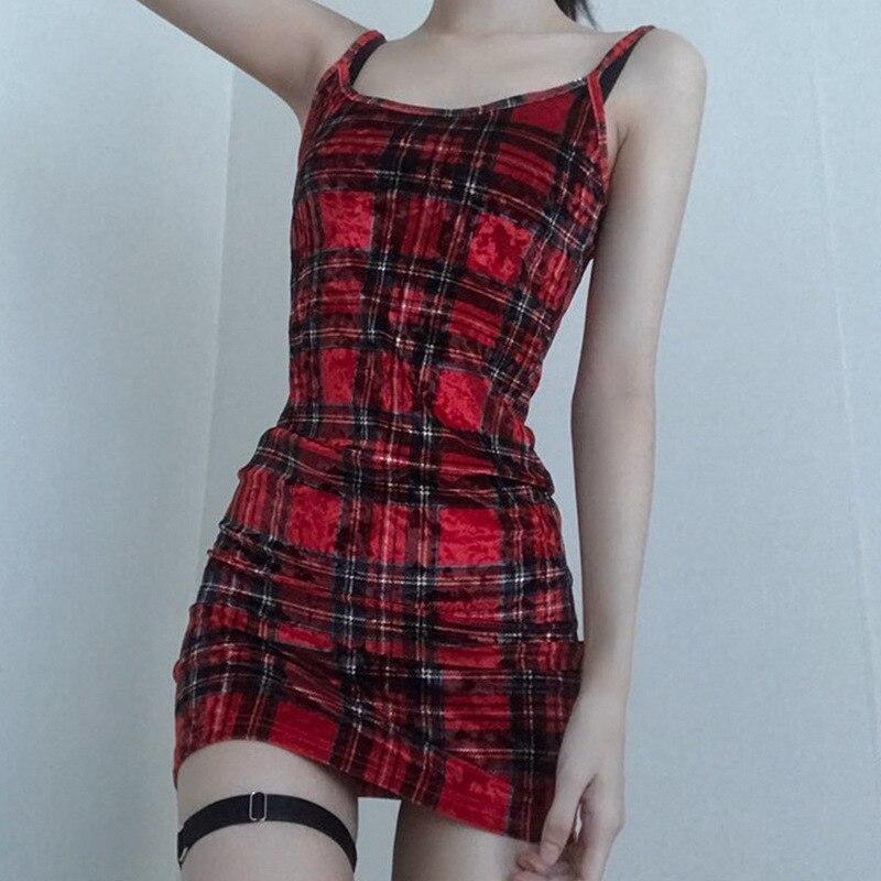 2023 Gothic Sexy Backless Plaid Women Dress Streetwear Party Bodycon Dresses Punk Hip Hop Fashion Female Summer Party Clothing