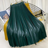 Women Spring Autumn High Waist Pleated Midi Skirts Faux Leather Maxi Long Skirts