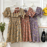 Vintage Floral Print Summer Vacation Beach Dress Ruffle Square Neck Short Puff Sleeve Casual Mini Dress