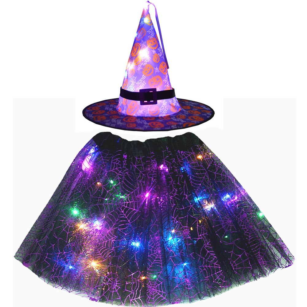 Party Kids Girl LED Glow Light Up Witch Hat Spider Web Cobweb Skirt Halloween Christmas Costume Cosplay Magic Wand Fancy Dress