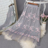 Floral Embroidery Women High Waist Mesh Elegant A-line Pleated Skirts Outwear