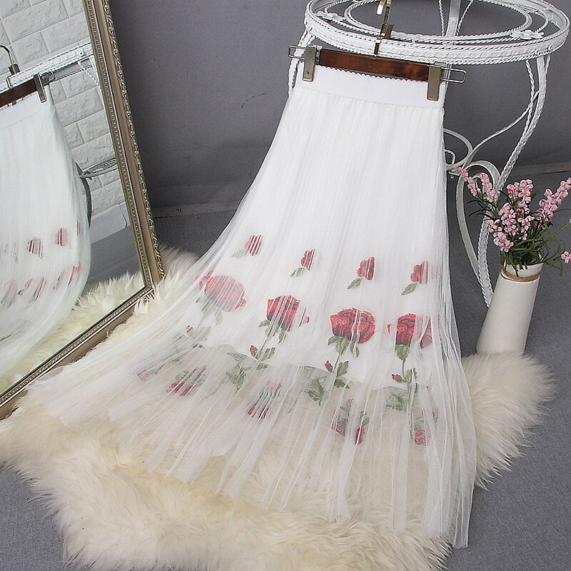 Spring Mesh Women Embroidery Elastic High Waist Floral A-Line Pleated Skirts