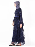 Muslim Women Robe Sequin Leaf Embroidered National Arab women Formal Dress Navy Black Long-Sleeve Gowns Tulle O-neck Vestioes