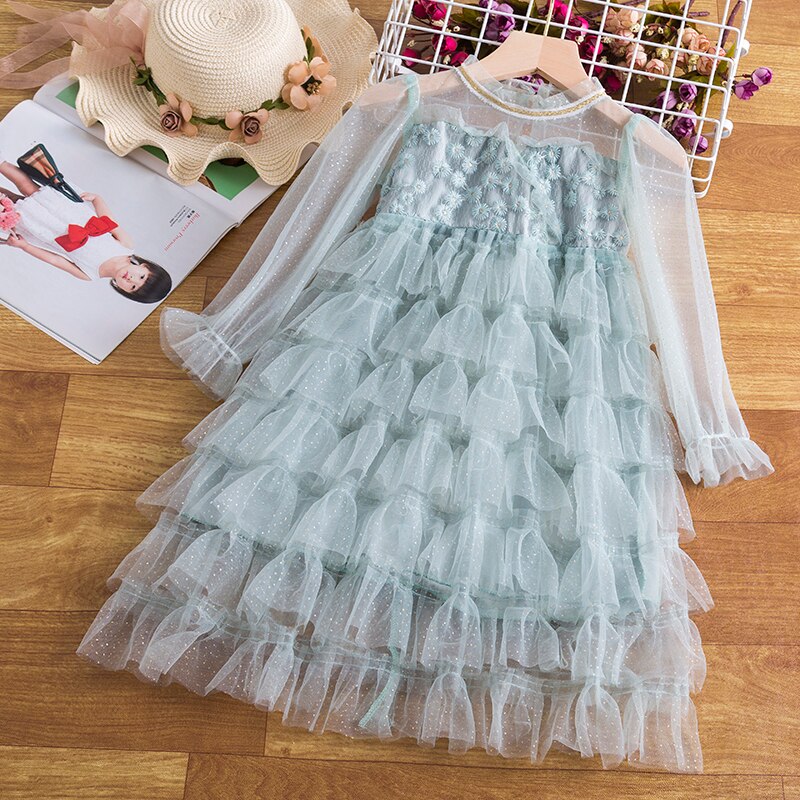 Girls Winter Princess Dress Tulle Mesh Layers Cake Gown Children Elegant Wedding Party Dresses Kids Autumn Long Sleeve Clothes