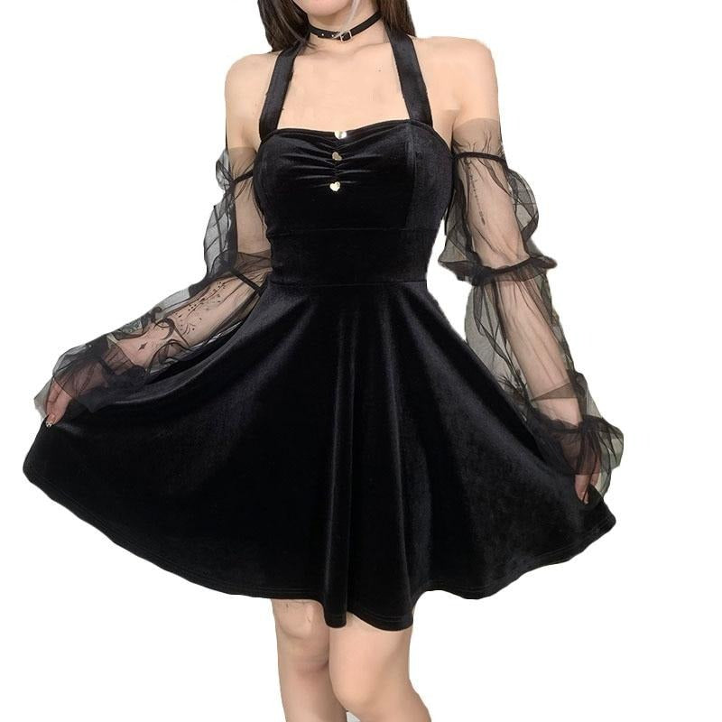 Retro Vintage Black Mini Dress Halter Aesthetic Mesh Sleeve High Waist Sundress Gothic Sexy Velvet Party Outfit Summer Dress