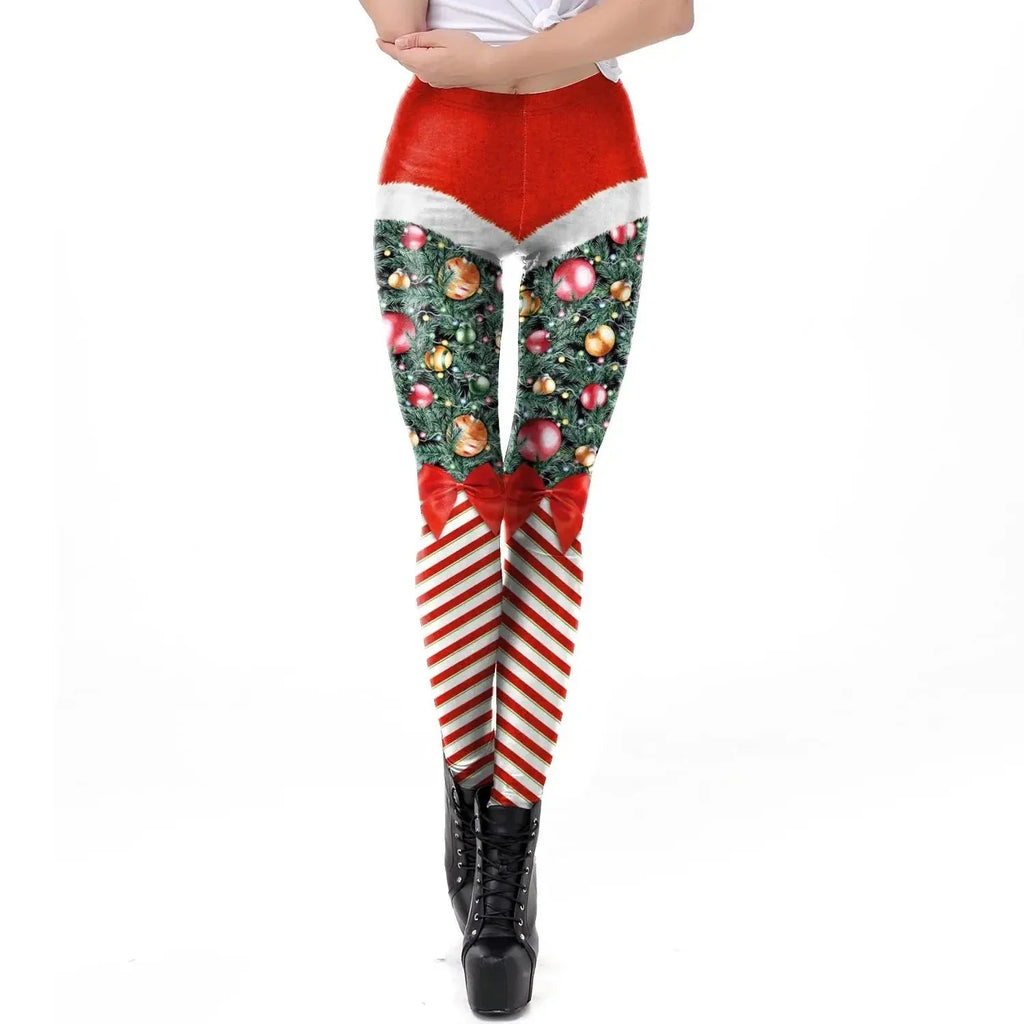 Christmas Belt Festival Women 3D Stripe Sexy High Waist Skinny Legging