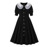 Mesh Peter Pan Collar Single-Breasted A Line Vintage Women Bishop Sleeve High Waist Black Dresses