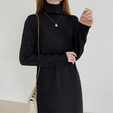 Winter Fall Long Sleeve Turtleneck Knitted Dress Solid Casual Chic Straight Elegant Midi Dress