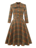 V-Neck Bow Front Buttons Plaid 50s Vintage Cotton Women Spring Autumn 3/4 Sleeve Elegant Party Midi A Line Dresses