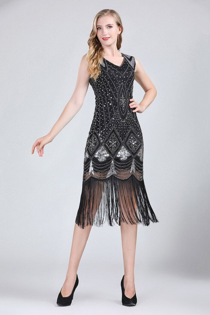 Roaring 1920s Flapper Vintage Evening Party Gown Embellished Sequin Tassel Midi Dress