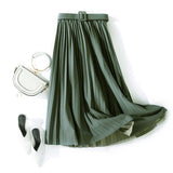 New Spring Pleated Women High Waist Solid Sweet Skirts Sashes Streetwear
