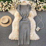 Spring Summer Short Cap Sleeve Knitted Sexy Bodycon Dress Back Slit Square Neck Casual Vintage Elegant Midi Dress