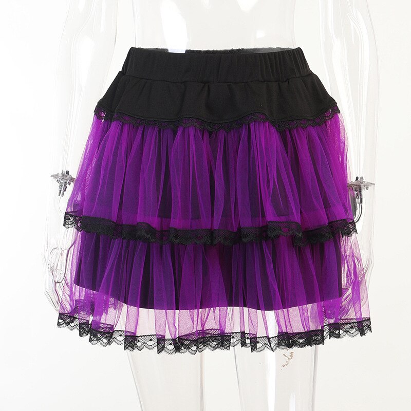 Y2k Mall Goth Punk Purple Mesh Mini Skirts Ruffle Cake Sexy Alt Clothes Hot E Gril High Waist Kawaii Pleated Skirt Streetwear