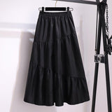 Korean Style Black White Long Women Solid Casual High Waist Midi Length Pleated Summer Skirt