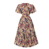 Colorful Floral Print V Neck Wrap Elegant Party Long Dress Flare Sleeve High Waist Belted Vintage Dress