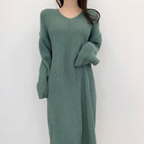 V Neck Long Sleeve Casual Sweater Dress Warm Fall Winter Solid Elegant Loose Knitted Midi Dress